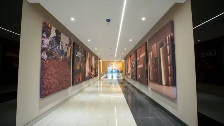 arafed hallway with a long wall with pictures on it