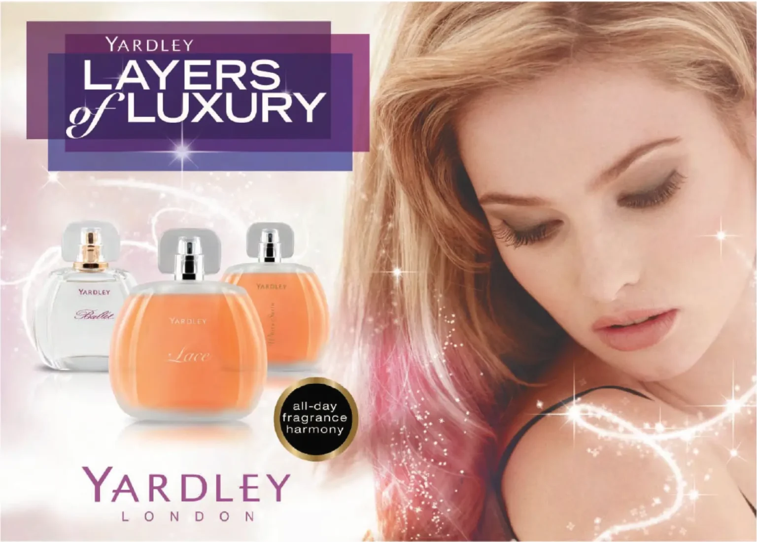 a close up of a woman with a lot of perfumes