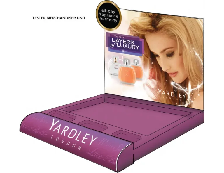 a close up of a display case with a purple cover