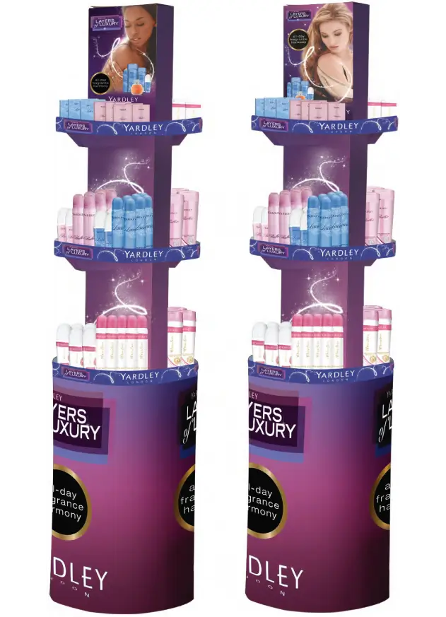 two display stands with different products on them for sale